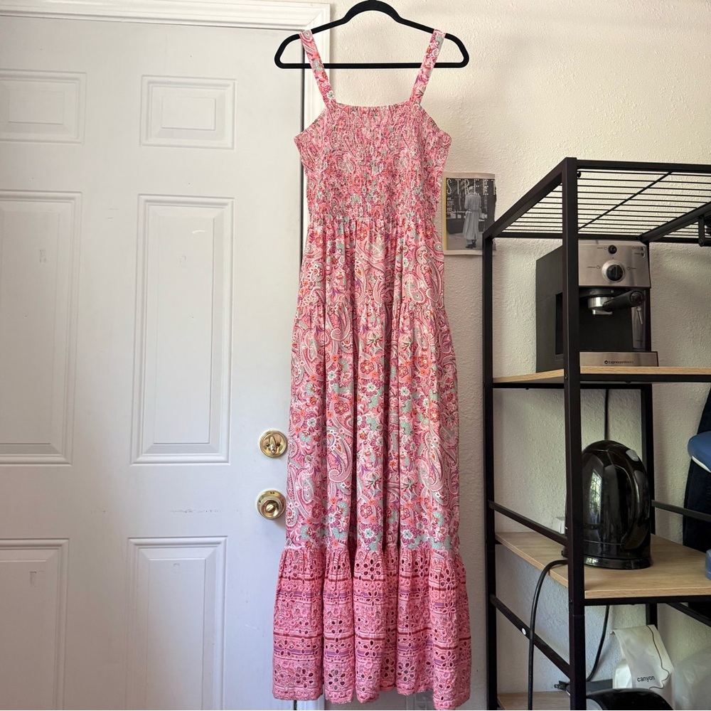 NWOT 365 Pink floral paisley smocked tiered eyelet lace trim maxi sundress